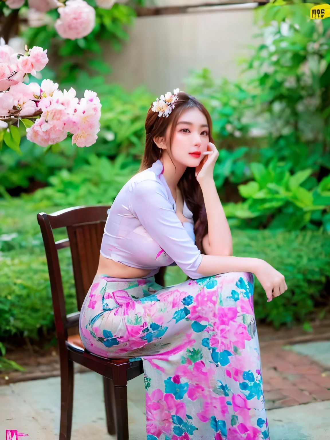 The allure and beauty of a woman , sitting on a coffee chair , Holding a red rose in one hand, Coffee garden, Wearing Myanmar floral shirt and floral long skirt, model poses Chinese actress style, ((medium 
breasts)),full body ((dynamic sexy poses)),cherry blossoms
on the background wall painting ,bokeh