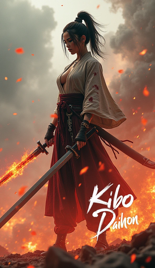 A cinematic image of Kibo Daihon, the demon female warrior, stands at the edge of a turbulent sky, her dark hair tied in a high ponytail framing her face amidst flames and smoke. Her sexy muscular body, covered in scars, wears a tattered kimono with bloodstains and spots. A fiery orange and yellow sword glows in her right hand, while a futuristic long sword fills both hands. Orange, red, and pink flames swirl around her feet, conveying chaos. In the lower right corner, white handwriting reads Kibo Daihon diagonally arranged, evoking movement and power as she soars from lower left to upper right.,Flux,women,perfect