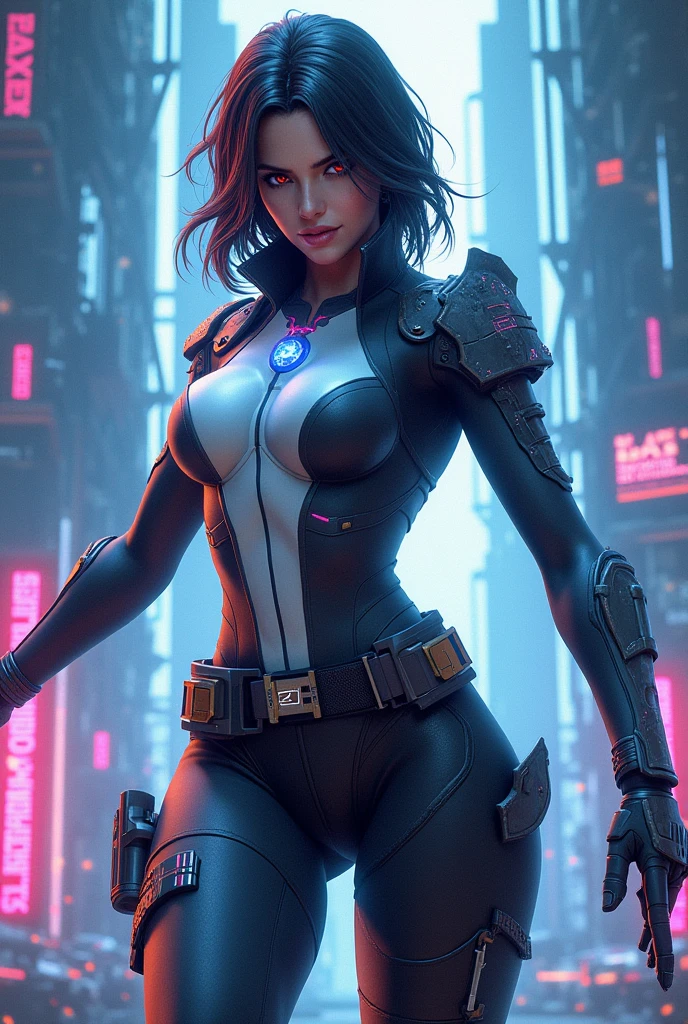 sexy girl, black lipstick, shorth hair, blackstockings, thick ass, badass clothing, standing alone, cyber punk, cyber punk style, badass clothing in cyber punk style. fully dressed