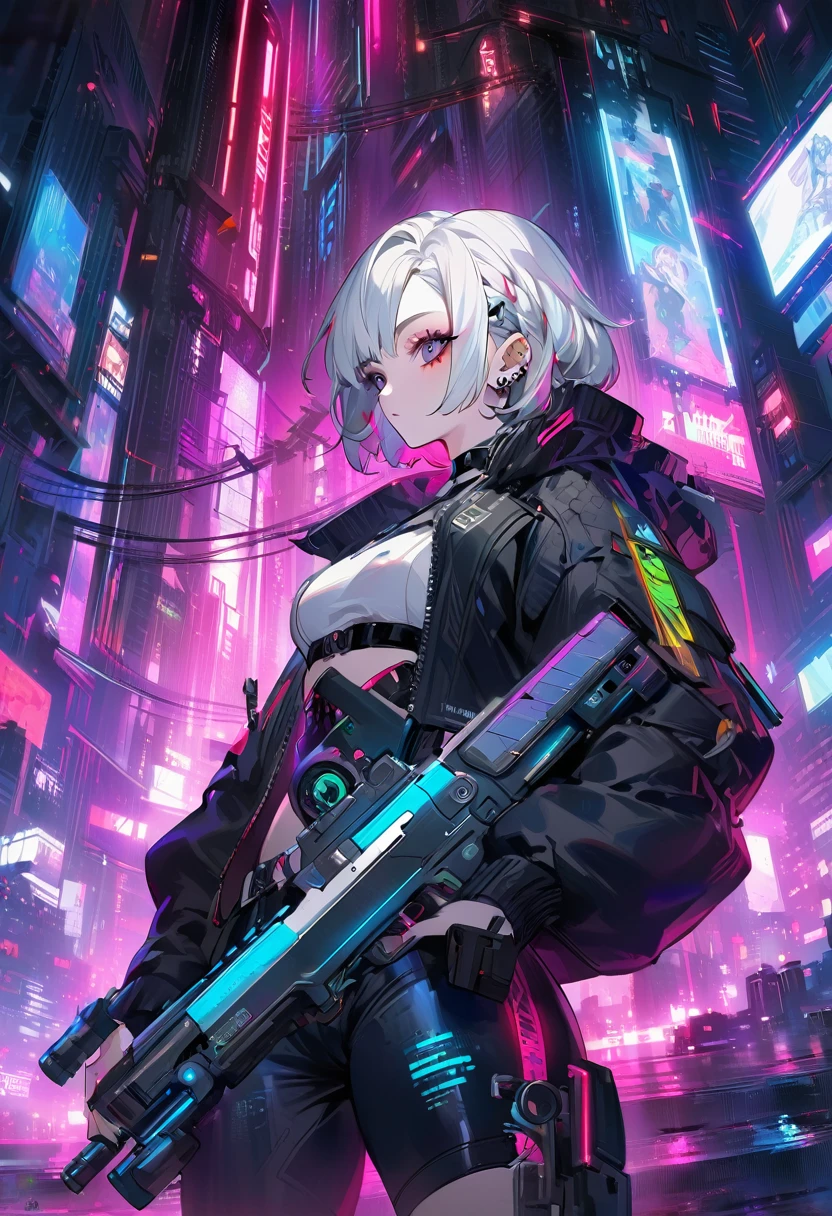 masterpiece,Highest quality,Super quality,cyber punk,Tattoo,Eye patch,Silver Hair,Actually a good guy,Have a weapon