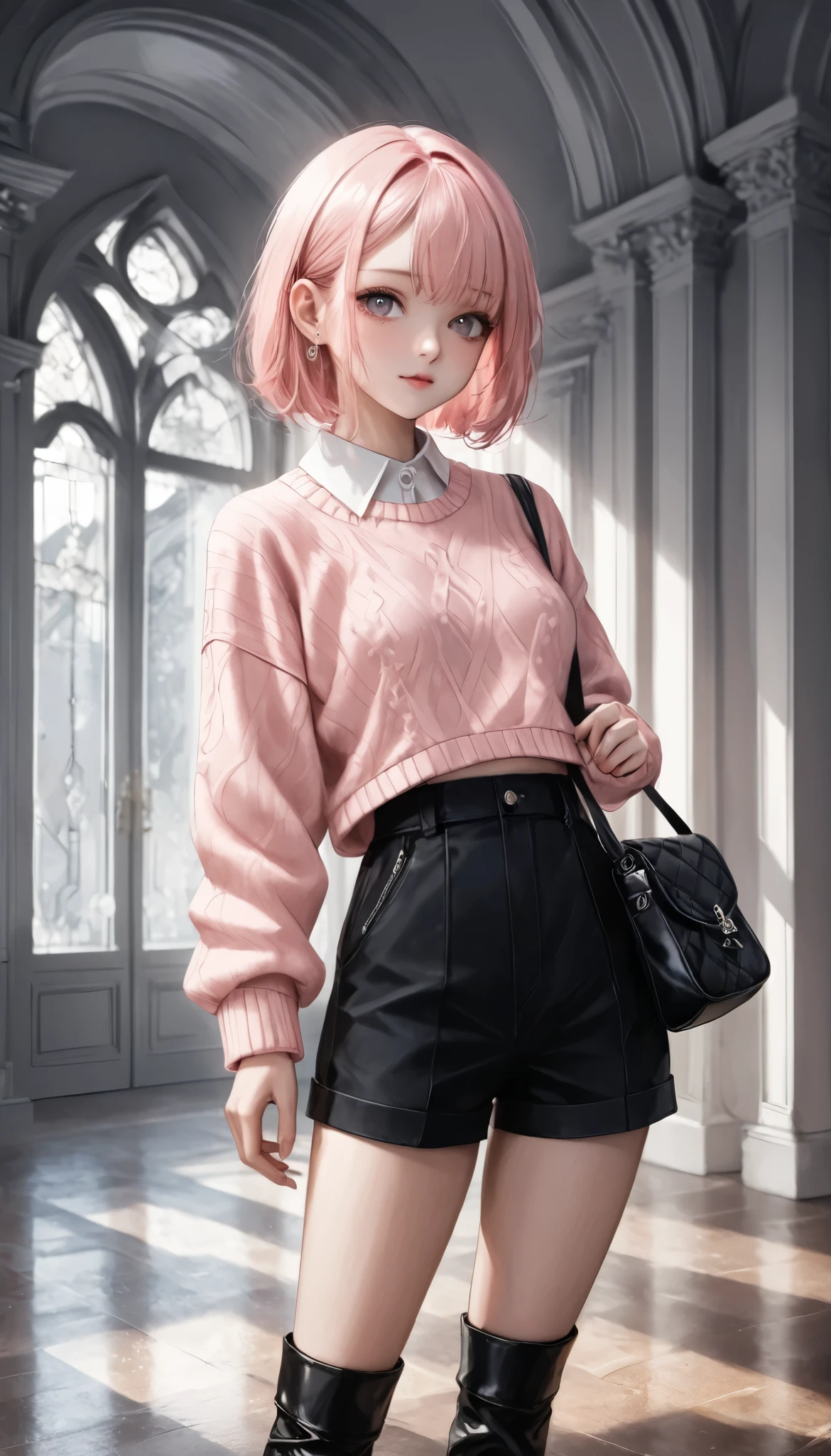 masterpiece, best quality, 8k, highres, ultra-detailed, HDR, UHD, ultra-fine painting,dark gothic,A modern and preppy outfit with a fresh twist. The ensemble features a pastel pink cropped sweater layered over a crisp white collared shirt, adding structure and contrast. Black tailored shorts create a clean and minimal silhouette, while knee-high black boots elevate the look with a bold, stylish touch. The addition of a small black crossbody bag completes the outfit, offering a functional yet chic accessory to balance the overall design.
