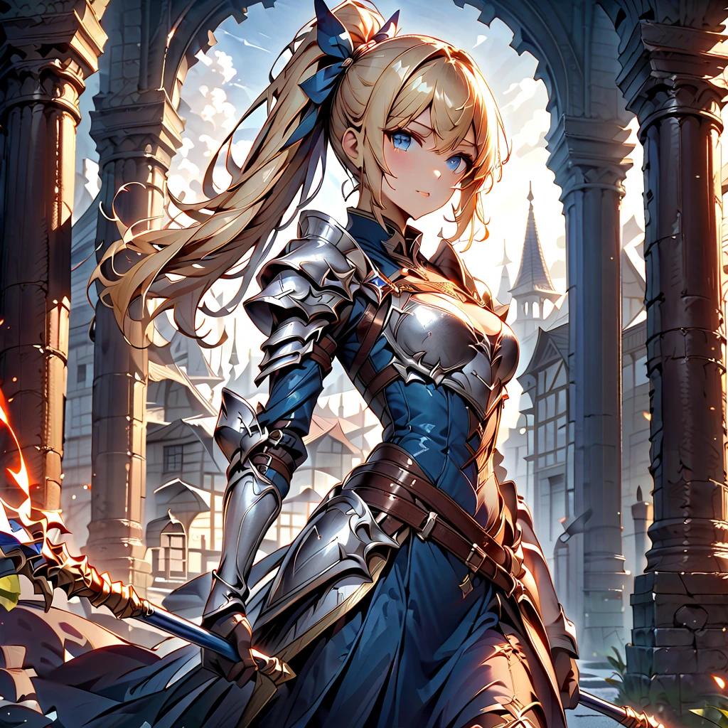  best quality、  Unity 8K Wallpaper、32K、masterpiece、 Very detailed、  ultra high resolution、 Very detailedな顔、 RAW photo、professional、Ultra-detailed paintings、Female Knight、 blue eyes、Blonde、 long ponytail holding a spear、 blue dress 、Silver Armor、Shoulder rest、breastplate、Small Hands、waist support 、Shin guards、hold a spear with your right hand 、Hold the shield with your left hand、Stand upright、