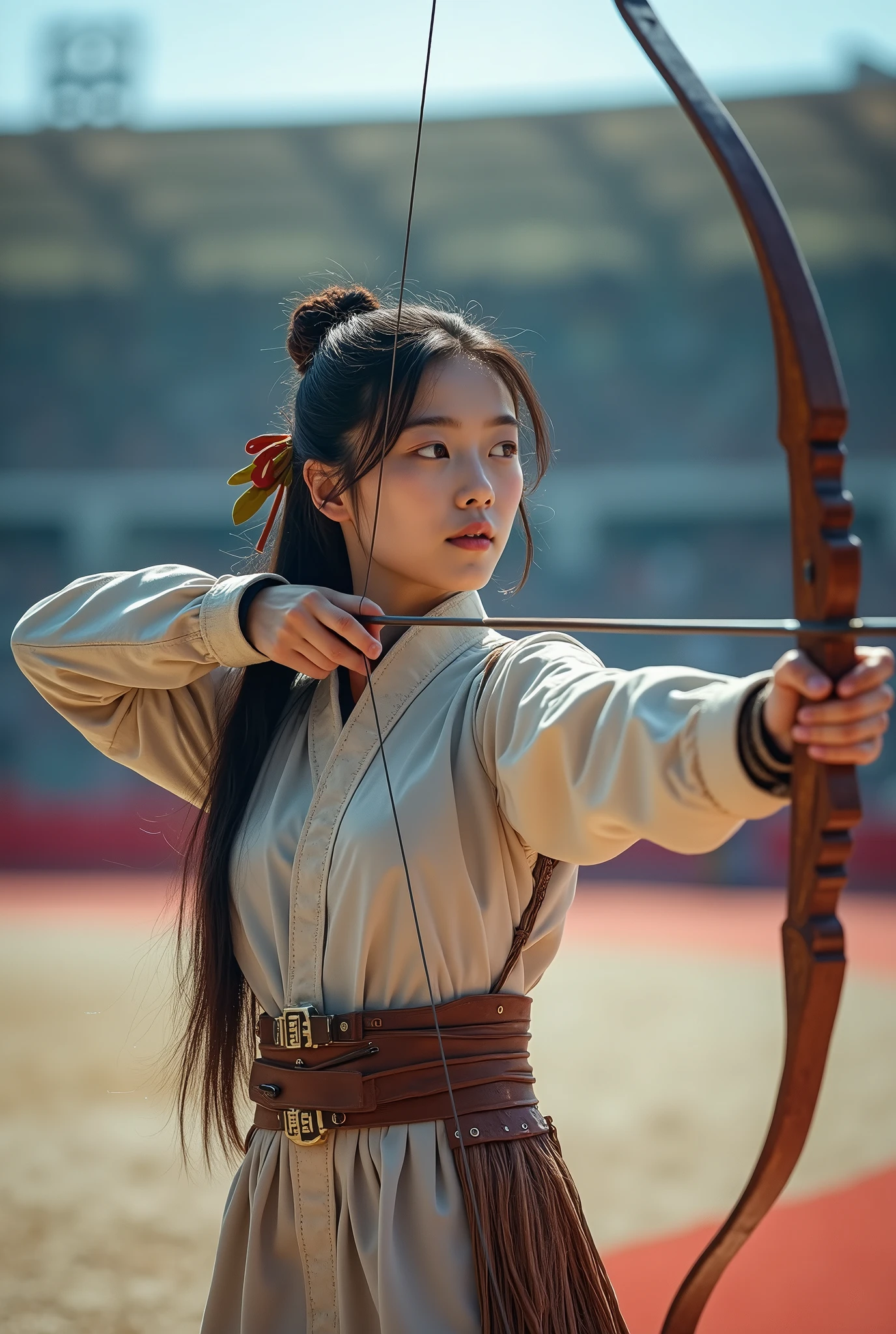 Front view , a Chinese female warrior, (1 girl is drawing a bow and arrow, showcasing both Eastern archery styles:1.3),