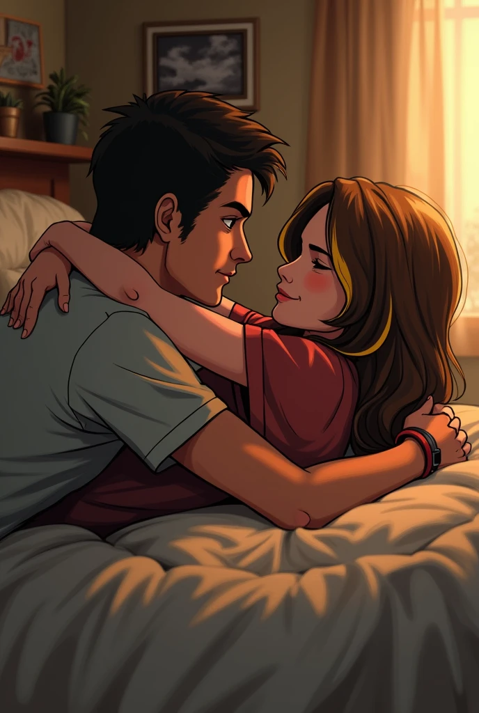 A young couple cuddles in a modest room,,The backdrop is simple furniture and warm lighting.,expressing their deep affection for each other and their uncomplaining acceptance of poverty.。