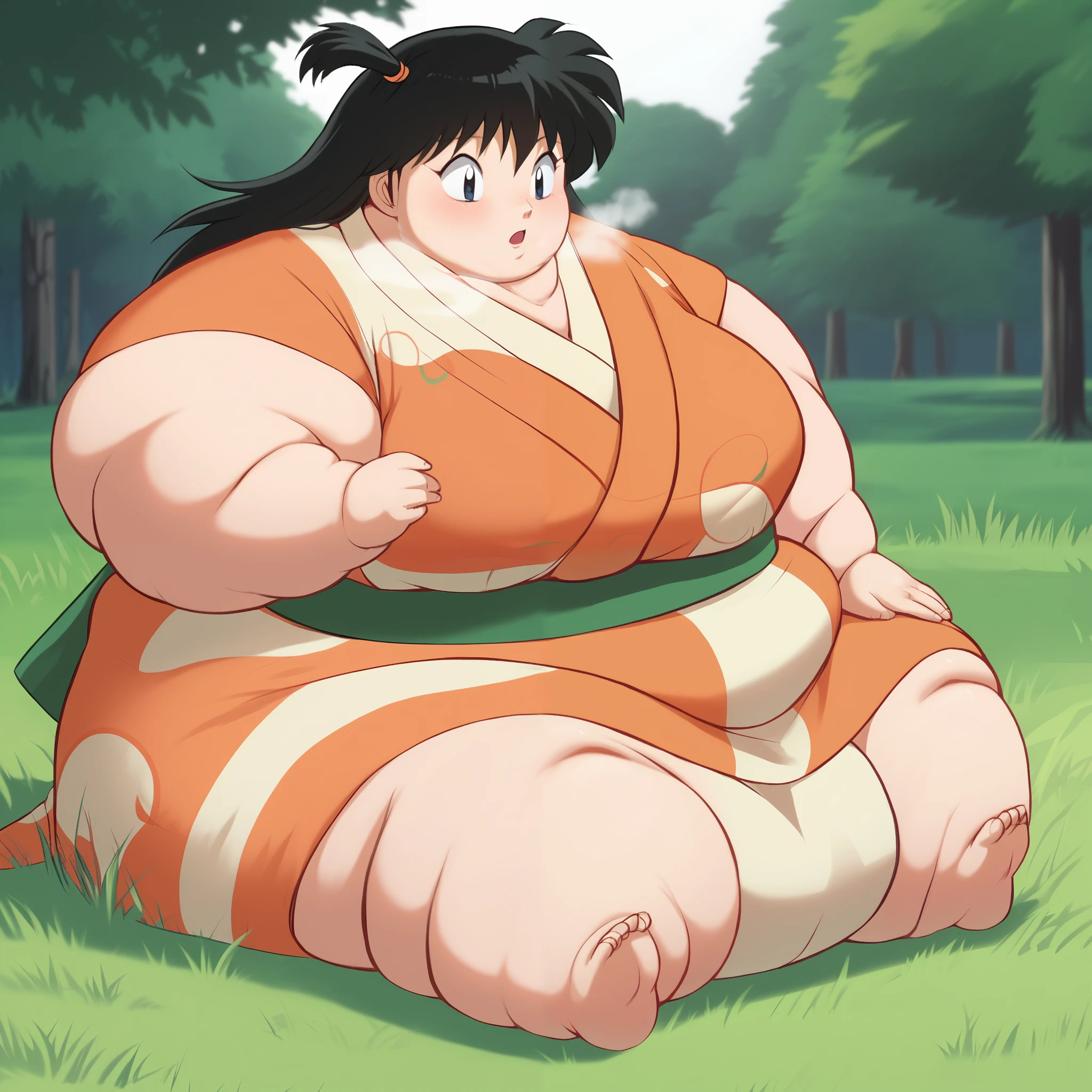 score_9, solo, rin_inuyasha, black hair, long hair, side ponytail, kimono, cute, sitting, grass, tree, natural lighting fat, chubby, obese, gigantic arms and legs, large breasts open mouth, out of breath