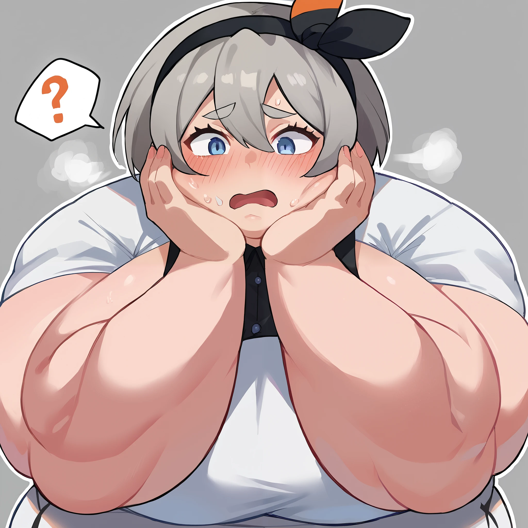  score_9,  score_8_up,  score_7_up,  source_Anime,
Bea, ,  grey hair,    gray background ,  blue eyes,  short hair on the side of the uniform,  ,1girl,, absurdres,  highres icon, rating:General, confused, blush, spoken question mark, {flustered}, nervous sweating, portrait, pov hands, hand on another's cheek, averting eyes, [looking away], straight-on,  fat, chubby, obese, gigantic arms and legs, large breasts open mouth, out of breath, swollen face, double chin
