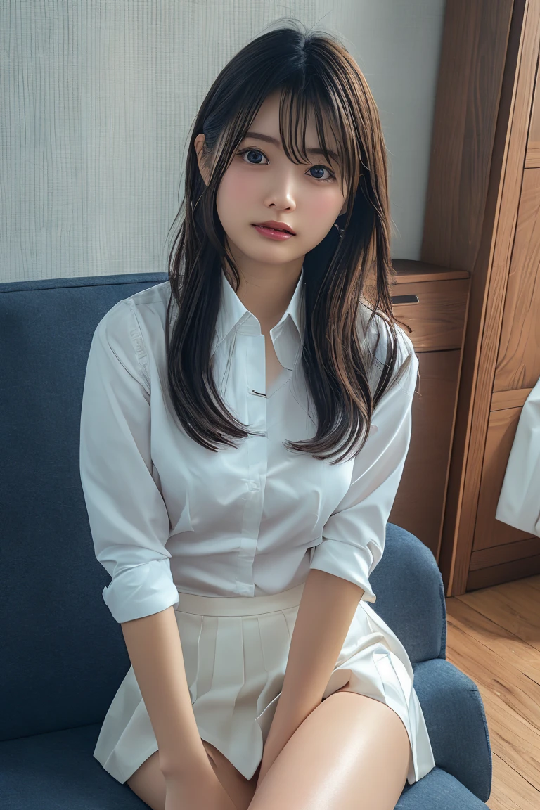 masutepiece, Best Quality, ultra-quality, High quality, Realistic, photo Realistic, Raw photo, Hyper Detailed, intricate-detail, Perfect Anatomy,nice hand, Perfect hands,Japan girls with big,
female pervert,18year old,Beautie,maid clothes,skirt by the,sitting on a bed,(Spread legs),shirt lift,