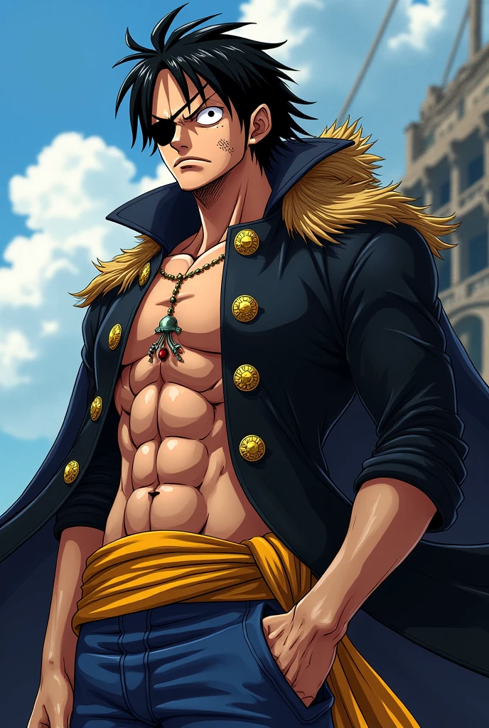 \(One_Piece\), sketchfab, Estilo de arte de anime, estilo de arte de Eiichiro Oda, sozinho, sozinho, 1st grade, 1menino, 1homem, olhos castanhos claros, cabelo longo grande, roupa completa, t-shirt, long jeans, logpose, botas, cabelo negro, sorrir, atletic_Corpo, pele parda, scars on the arms, cabelo volumoso longo, cabelo arrepiado, Luvas, cinto, olhos relaxados, body to the waist, (boa qualidade), (bem detalhado),