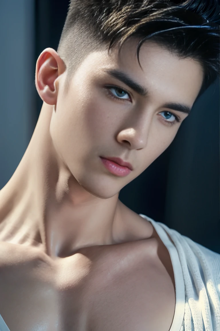 A young, fit male model, detailed facial features, muscular physique, sensual pose, natural lighting, cinematic atmosphere, dramatic shadows, oil painting, hyperrealistic, chiaroscuro lighting, subtle color palette, muted tones, seamless blending, masterfully executed, cinematic framing, impeccable attention to detail, photorealistic, 8k resolution, best quality, ultra-detailed