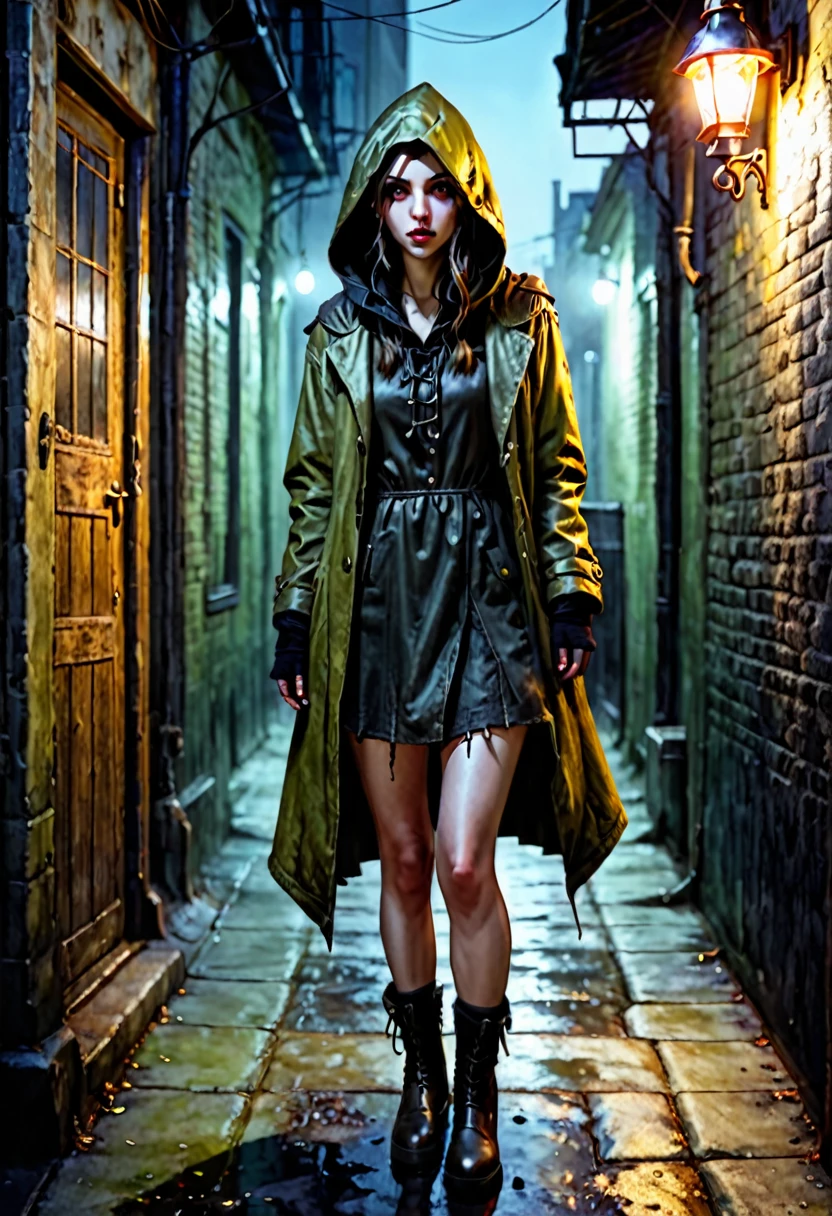 Realistic, Charlie Bowater style, vampire, ugly woman, left eye swollen shut, dark brown avocado skin, overlong fingers, yellowish eyes, no breasts, old coat with hood, miniskirt (faded and frayed), combat boots, stands in a dark corner away from a lantern in the shadows and watches, night, front to the viewer, modern city