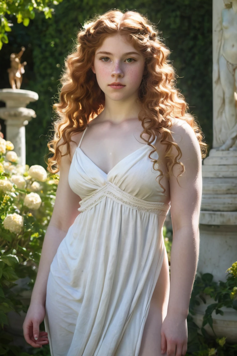  a painting of a young naked teenage girl with pale skin and light freckles, muscular and busty, with long curly auburn hair styled like a Greek goddess, posed elegantly with defined muscles, sunlight shining behind her creating a halo effect, in a garden filled with classical marble statues and blooming flowers, in the style of William-Adolphe Bouguereau 