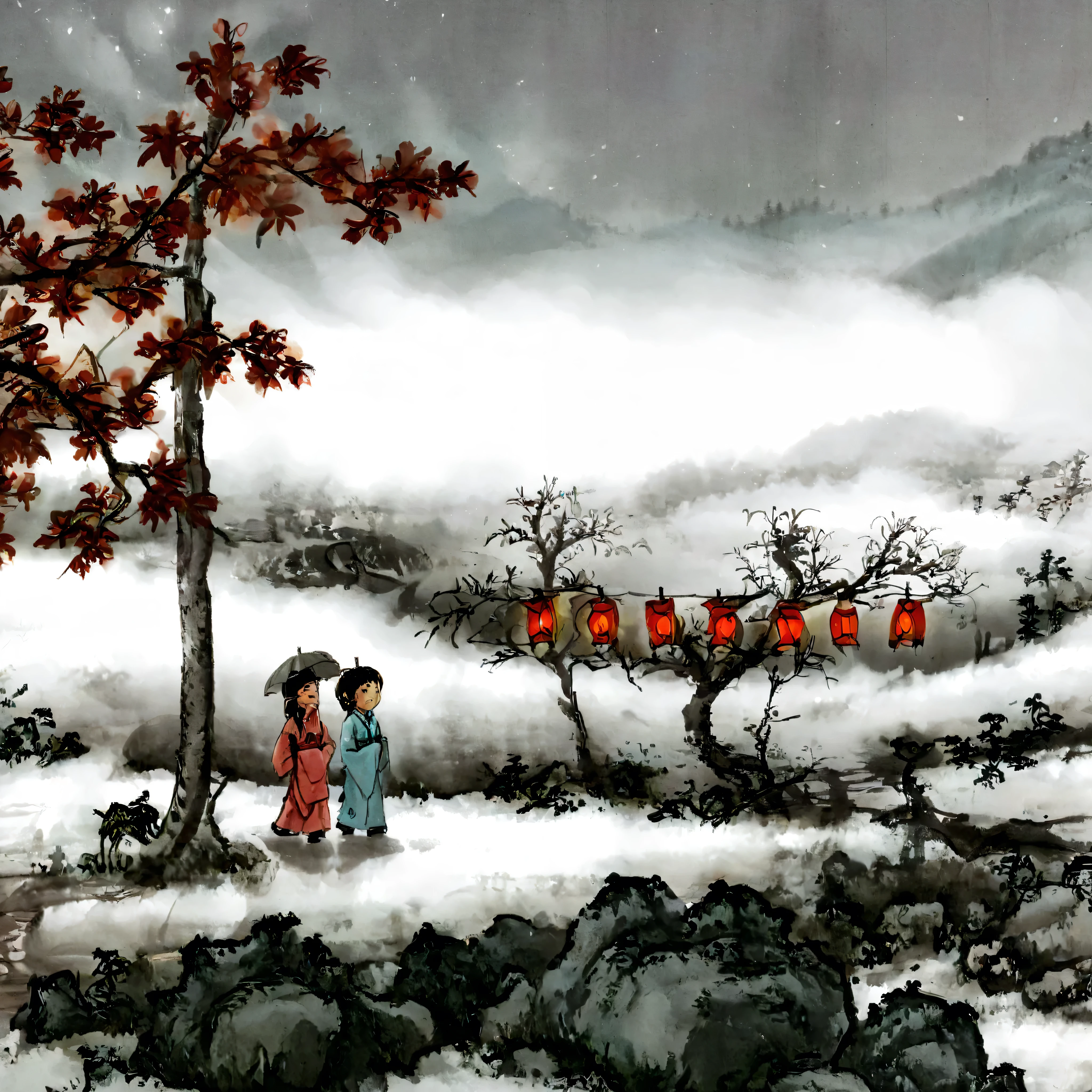 surrealist art Chinese painting,Ink Painting，ink wash painting，ink water， Happy New Year scene in rural northern China ， 3 people are installing a row of red lanterns ， adding a festive atmosphere 。 There are 2 people walking by the side of the road with umbrellas ， There are 3 children in colorful costumes playing under the red lanterns， Strong New Year atmosphere 。 The background is thick fog enveloping a big tree ，Dense branches ， and thick frost ,Snowy， traditional Chinese brushwork ， official art ，（ Large areas of white ，One-third composition ：1：3），羊皮纸水彩Ink Painting，minimalism，beige gray ，Rice paper texture， Very high resolution details, Extremely Realistic ,Fine texture, Incredibly realistic 