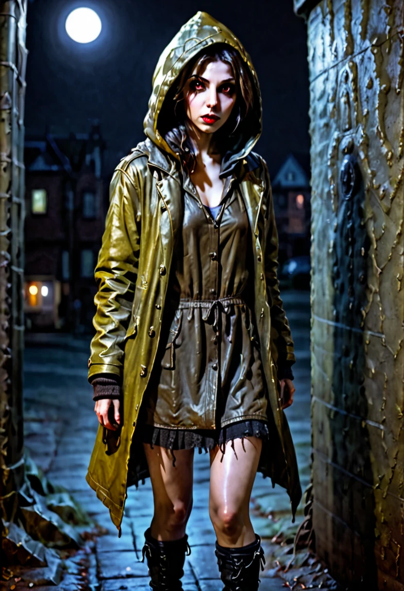 Realistic, Charlie Bowater style, vampire, ugly woman, left eye swollen shut, dark brown avocado skin, overlong fingers, yellowish eyes, no breasts, old coat with hood, miniskirt (faded and frayed), combat boots, stands in a dark corner away from a lantern in the shadows and watches, night, front to the viewer, modern city