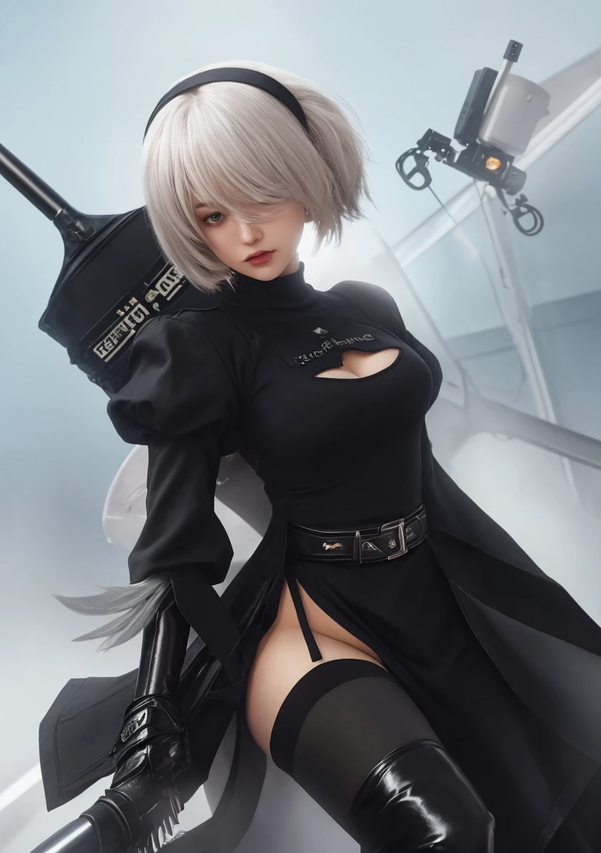 (SFW:1), masterpiece, 8k, best quality, highly detailed, 1girl, YoRHa No.2 Type B, eye mask,full body, white hair, apocalyptic scenery, (robot:1.3), debris, damaged houses, desert