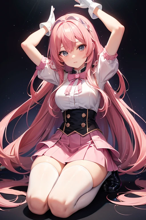 uma mulher com cabelo rosa com mechas azuis solto e olhos azuis,com roupa preta e sapatos brancos