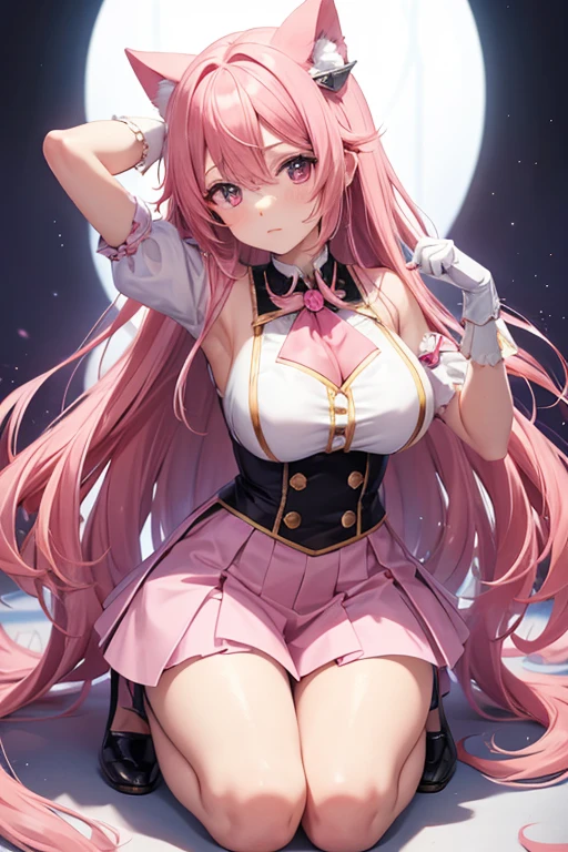 masterpiece, Highest quality, Very detailed, High resolution, expensive resolution, High resolution, 4K, 8k, uniform 8k wallpaper, Very detailed CG, masterpiece, 2D, 3d, Beautiful details, depth, Fine texture, Highest quality: 1.3, Perfectly focused, sharp. skin, he, Very cute anime girl, A cute girl in her 20s wearing an idol costume, big , pink medium long hair in expensive clothes, Mole under eye, Looking at the audience, expensive, blush, Mole, Open your lips, Pink Eyes, Smiling heart choker, Dome Concert