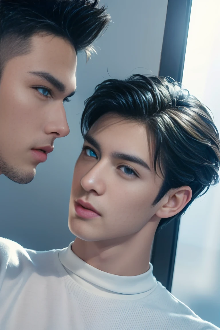 ((masterpiece)),((best quality)),8K,High Detail,Very detailed, 2 handsome muscular boys,blue eyes,Stylish short hair,Fairy appearance,neutral expression, Fashion pose, Real skin texture, Perfect and realistic hand details,light,
Royal blue style couple
