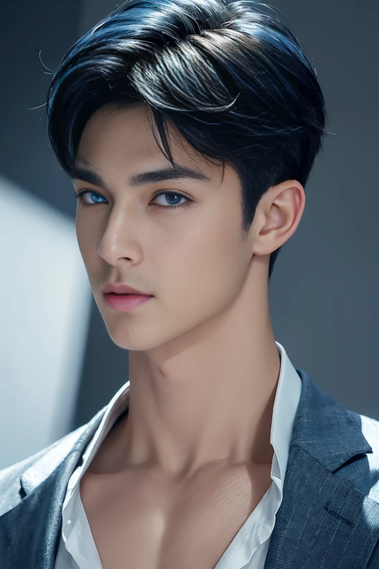 Ultra wide angle，((masterpiece)),((best quality)),8K,High Detail,Very detailed, (2 handsome muscular boys)，Very manly，blue eyes，Stylish short hair，Vivid male image, Fashion pose, masculine expression，Real skin texture, Perfect hand details，Light,
Royal blue style couple，White male model photos