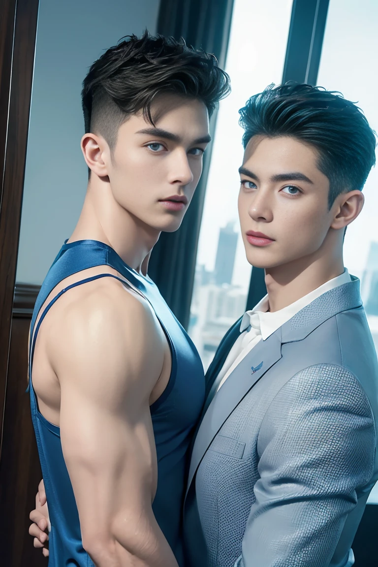 Ultra wide angle，((masterpiece)),((best quality)),8K,High Detail,Very detailed, 2 handsome muscular boys，Very manly，blue eyes，Stylish short hair，Vivid male image, fashion pose, masculine expression，Real skin texture, ((Perfect hand details))，(Real and complete hand details)，Light,
Royal blue style couple，White male model photos