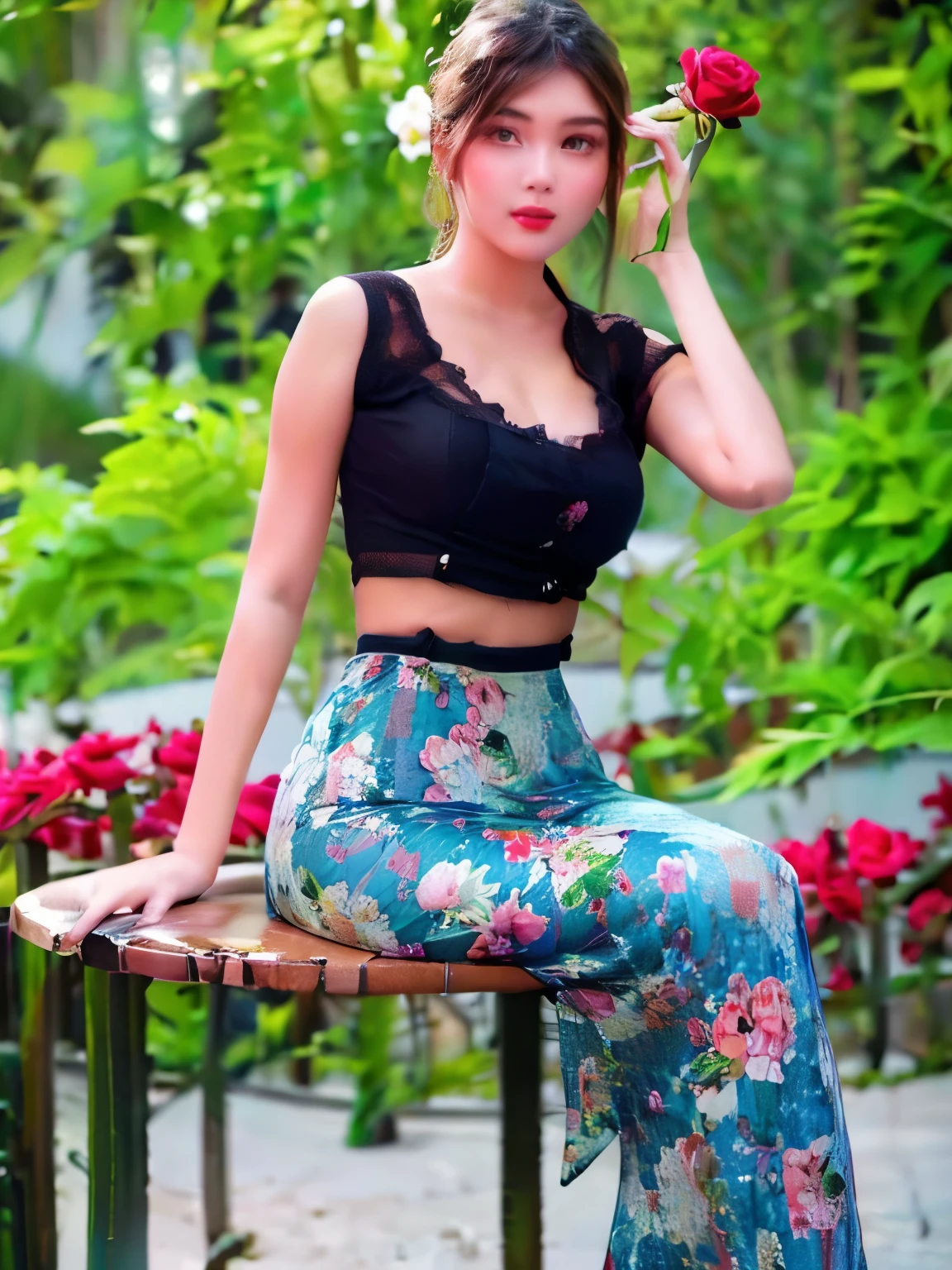 The allure and beauty of a woman , sitting on a coffee chair , Holding a red rose in one hand, Coffee garden, Wearing Myanmar sleeveless floral shirt and floral long skirt, model poses Chinese actress style, ((medium 
breasts)),full body ((dynamic sexy poses)),cherry blossoms
on the background wall painting ,bokeh