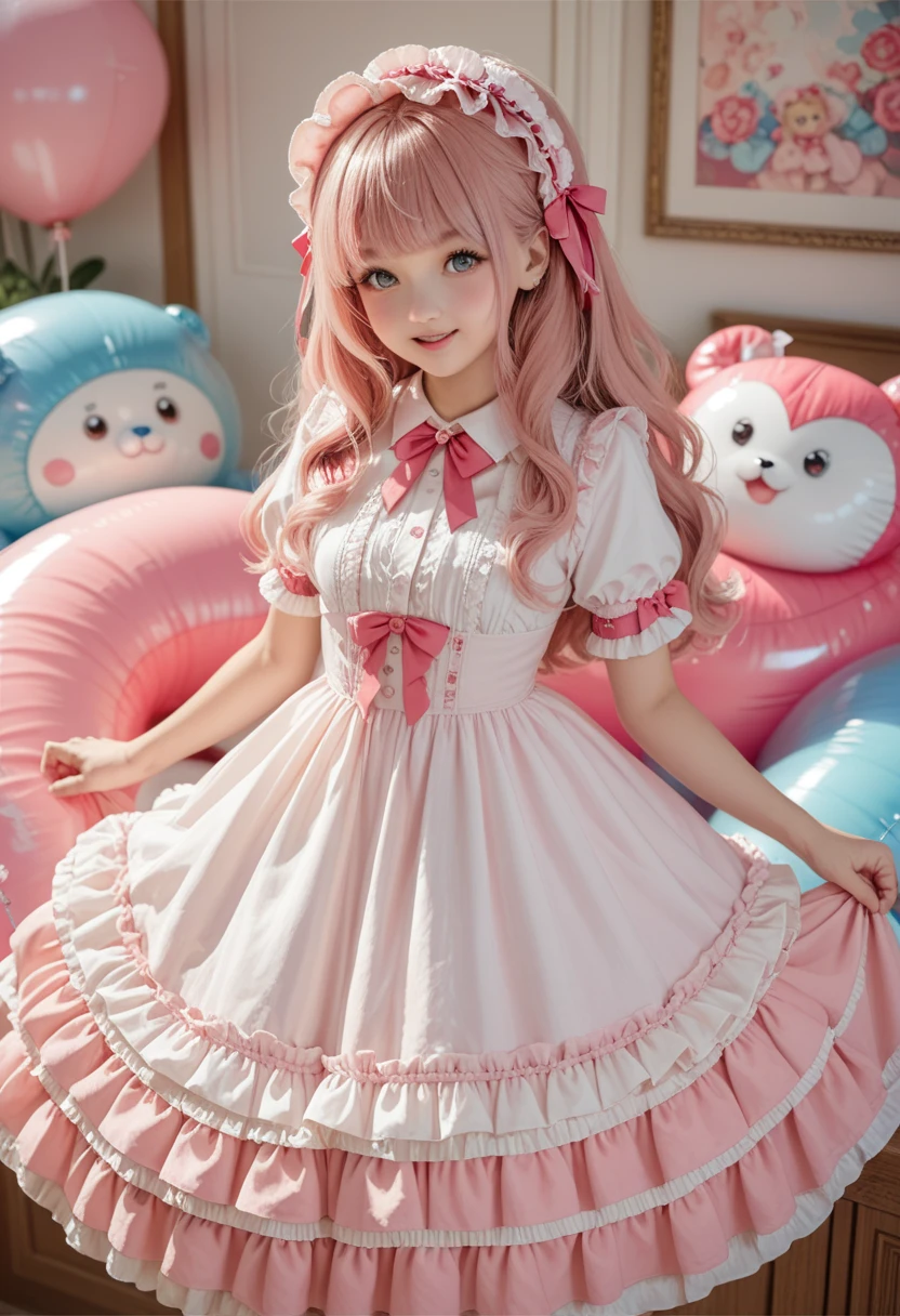  Cute Girl , Pink Lolita Dress,White inner shirt,  Short Sleeve Inflatable Blouse ,Double Layered Drawstring ,  Outer Coat White-Pink,  Long Hair Twinkle Brown-Black 