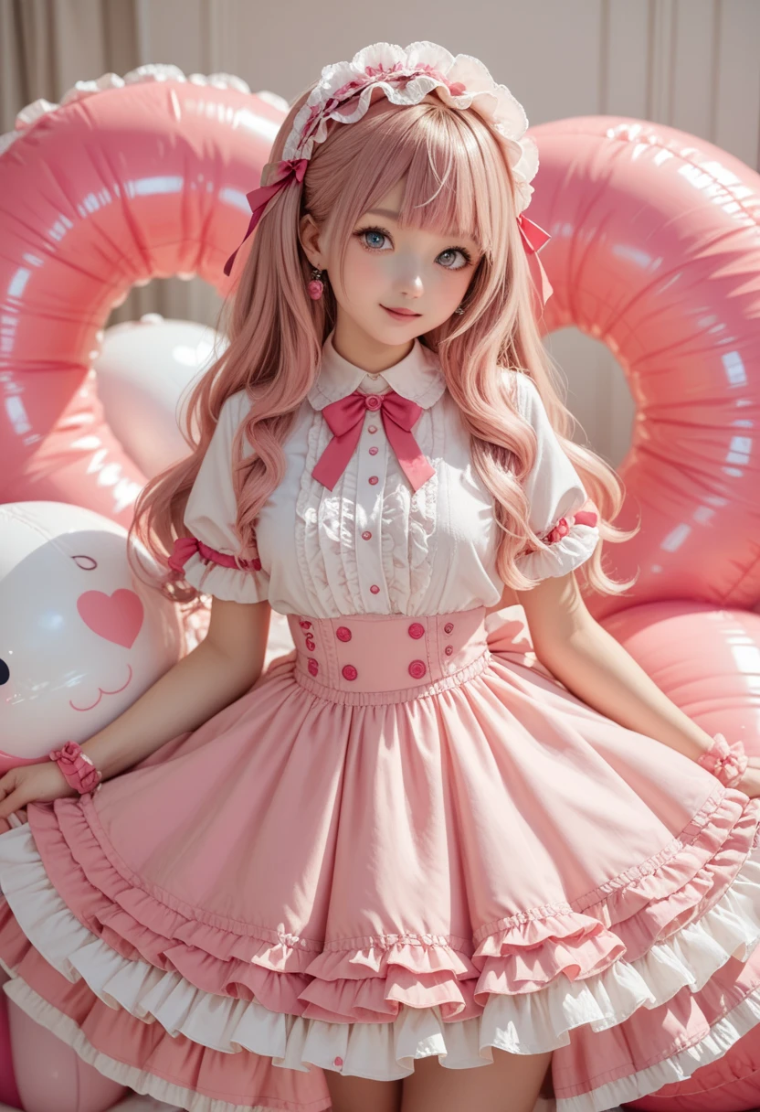  Cute Girl , Pink ****ta Dress,White inner shirt,  Short Sleeve Inflatable Blouse ,Double Layered Drawstring ,  Outer Coat White-Pink,  Long Hair Twinkle Brown-Black 