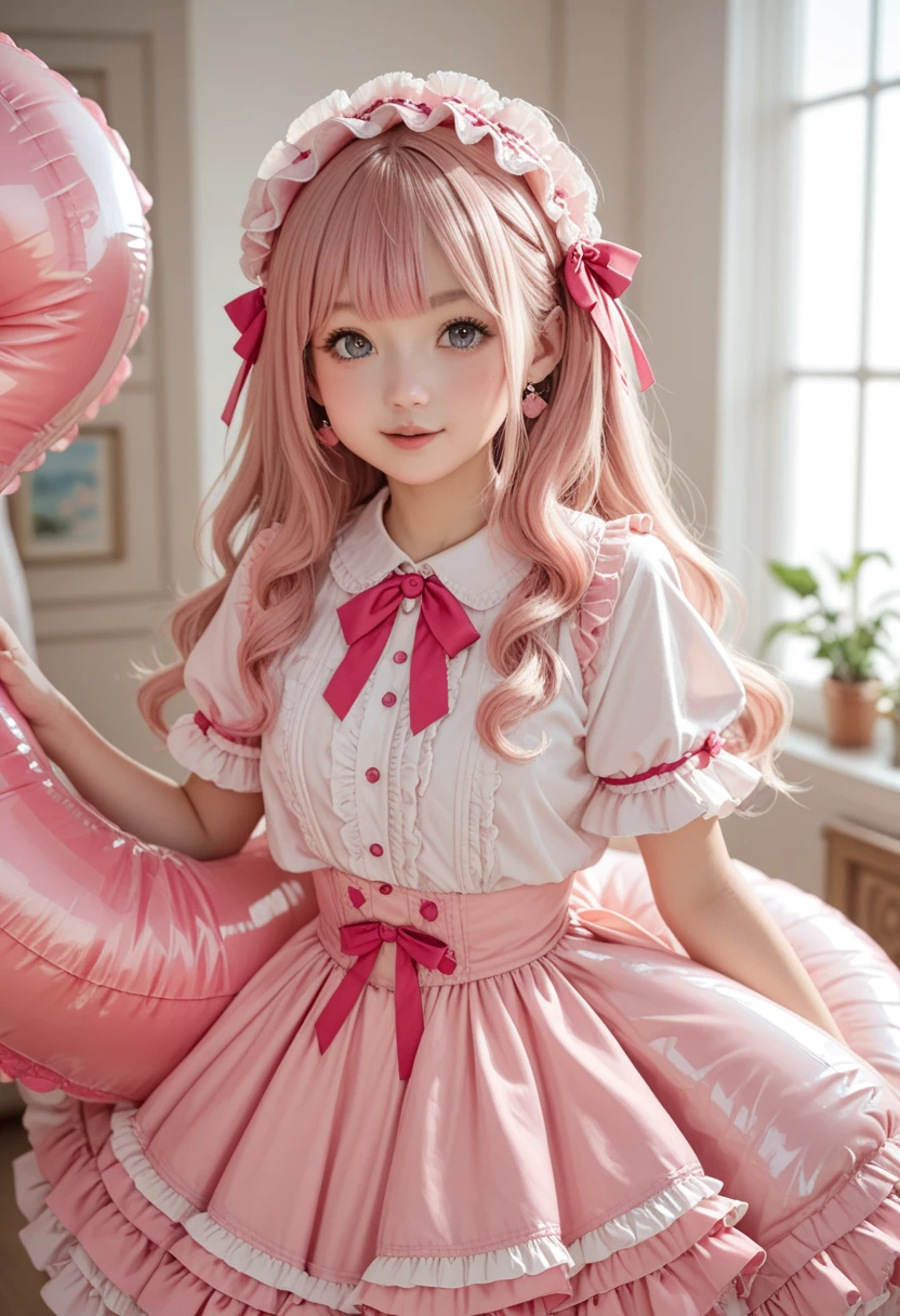  Cute Girl , Pink ****ta Dress,White inner shirt,  Short Sleeve Inflatable Blouse ,Double Layered Drawstring ,  Outer Coat White-Pink,  Long Hair Twinkle Brown-Black 