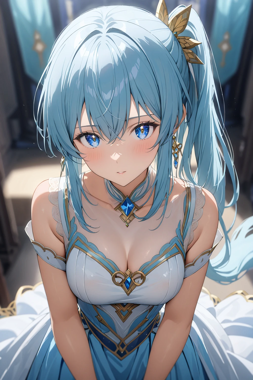 ( ultra high resolution,  best quality、 detailed details:1.2),  textured skin、(Asada Shino 0 .6)、 1 woman、solo、 with a mature face、  light blue shortcut、 straight hair 、 side ponytail、Shiny Hair、 blue eyes、Sparkling eyes、Glamorous eyes、 small breasts、 simple background, ( background blur ),  Goddess Clothes 、 Mysterious Dresses 、white sheer fabric dress、 tight fitting、The chest is open、 cleavage、Nipples、 blush、 hair ornament、 earrings for a woman alone、 standing、front、 angle from above diagonally、NSFW