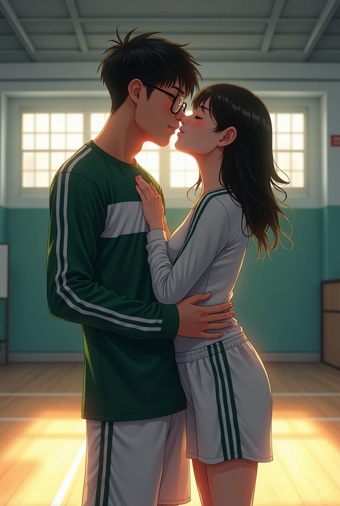 Girl with black hair,long and straight with brown eyes kissing a boy with brown eyes and lots of curls, is high. They are on a rugby field. The girl has a white coat without a hood with blue jeans and the boy has shorts and an orange and green t-shirt that says lomas.. They are kissing