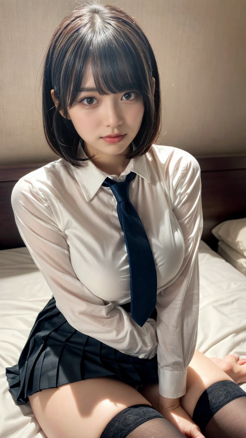 (8K、top-quality、masterpiece:1.2)、(reallistic、Photorealsitic:1.2)、 top-quality, ultra-detailliert、full bodyesbian、(a smile)、(((Spread your legs wide)))、Large stocks、⦅Riding a bicycle⦆、独奏、Look straight ahead、large full breasts、Fine and beautiful eyes、(A dark-haired:1)、(short-hair:1.1)、office lady uniform、tight skirts、 white panties、neck tie、knee high socks, white shirt、outside of house、Sunny weather
