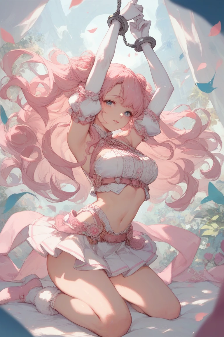 (masterpiece:1.2), (highest quality:1.2), perfect eyes, perfect face, perfect lighting, middle ages, grassland, Rock Shade, , 1 boy, Pink Hair, Iris, Semi-long hair, Small breasts, ((((white bikini armor)))), arms up, spread legs, ((scared)), open mouth , upper BODY, one eye closed