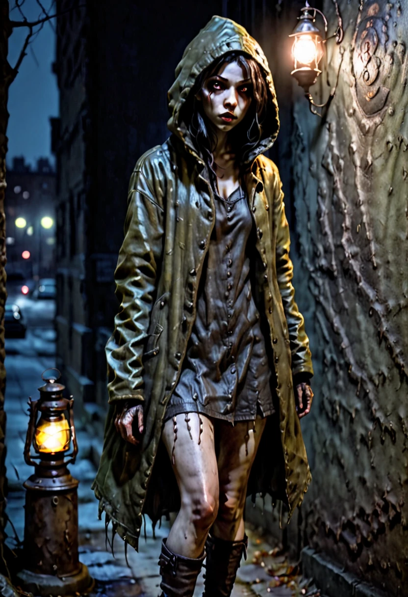 Realistic, Charlie Bowater style, vampire, ugly woman, left eye swollen shut, dark brown avocado skin, overlong fingers, yellowish eyes, no breasts, old coat with hood, miniskirt (faded and frayed), combat boots, stands in a dark corner away from a lantern in the shadows and watches, night, front to the viewer, modern city