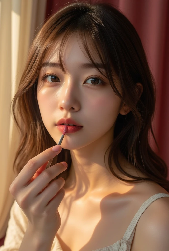  perfect composition of drapes , Proper placement, Golden Ratio, (masterpiece,  best quality:1.331), extreme close-up,  fine skin , Oily skin, Brown Hair,  wavy hair , A beautiful 23 year old Japanese woman is applying lipstick,  Professional Studio Lighting, 