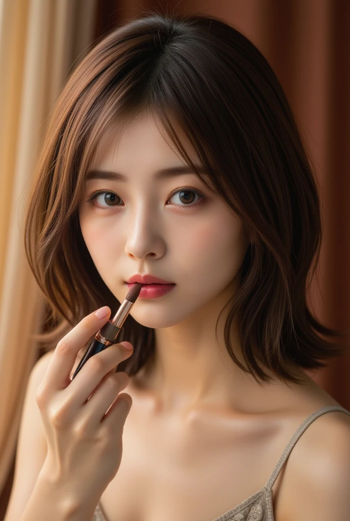  perfect composition of drapes , Proper placement, Golden Ratio, (masterpiece,  best quality:1.331), extreme close-up,  fine skin , Oily skin, Brown Hair,  wavy hair , A beautiful 23 year old Japanese woman is applying lipstick,  Professional Studio Lighting, 