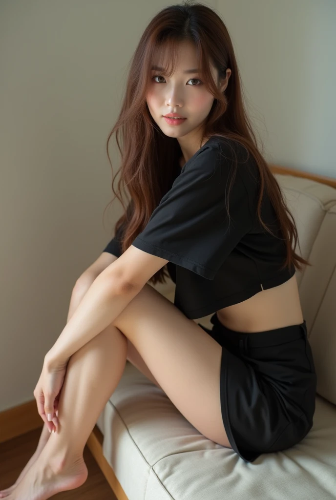 22w 2020s fashion, full body of a 20-year-old Japanese beauty sitting, snapshot not looking at the camera, double and big eyes, face is downcast, beautiful thigh