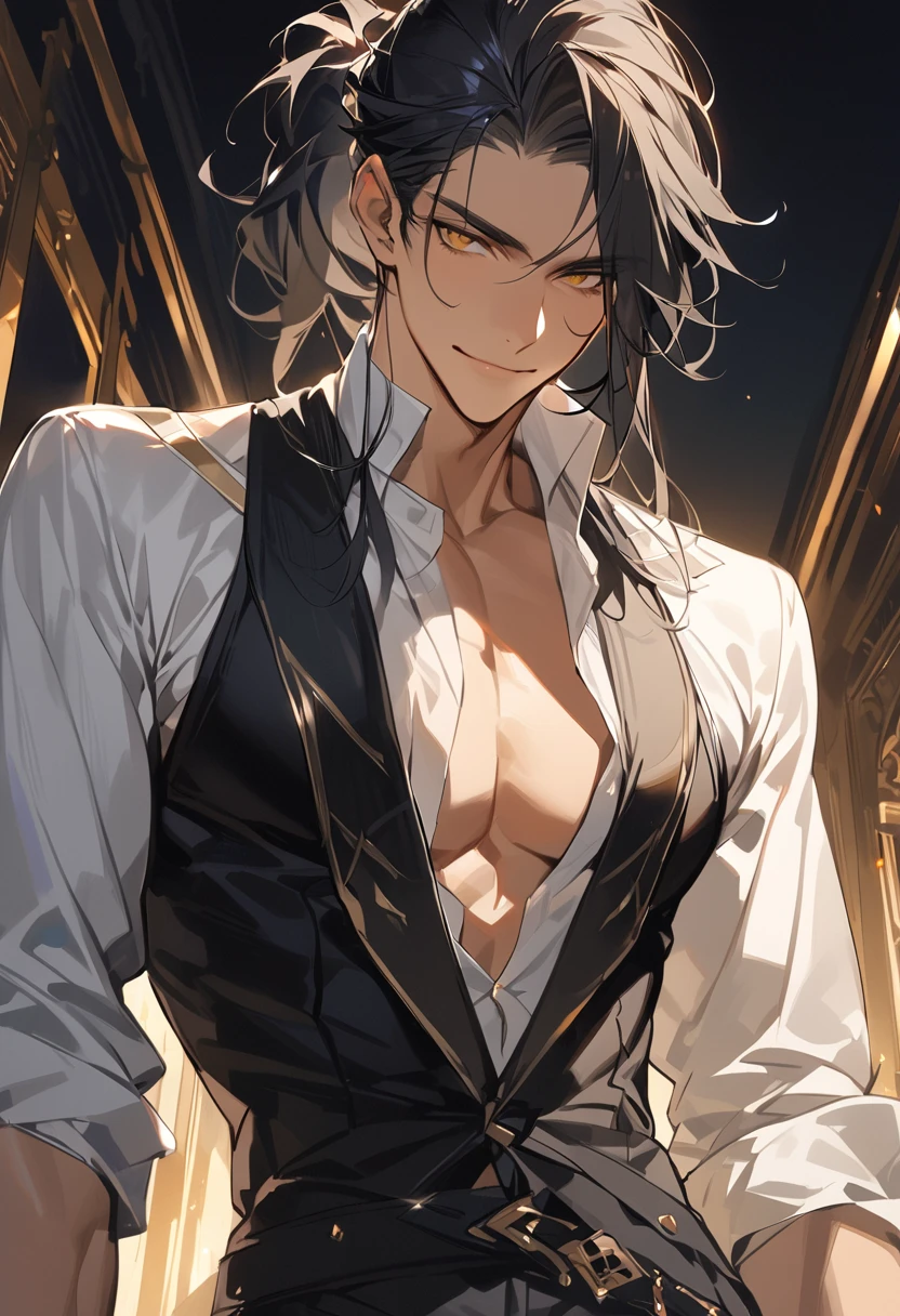 (Masterpiece, high resolution, best quality), solo, 1 male, 25-years old man, handsome, sexy, tanned skin, black hair, male ponytail, yellow eyes, male fantasy clothes, sly smile, half body, looking at viewer