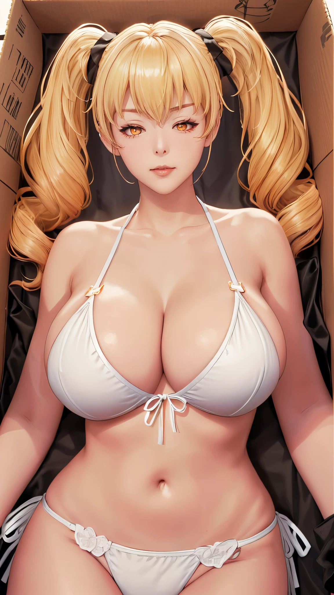 (（（figure，御姐figure,White and tender skin,（（orange and white bikini）））,(（（twintails, Blonde_hair, orange_eyes,））),，((masterpiece)), highres icon,((Best quality at best)),masterpiece,quality,Best quality,(（（  is open to the audience， with eyes closed ）））， huge ，A girl，Lying in a cardboard box）））