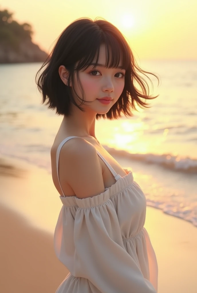 (((One girl,alone))),(Highly realistic photos, High resolution, Detailed face, Beautiful Eyes) Japanese women, 30 years old, Cute Face, Nice body, Medium chest, ,Hairstyle, Healthy Body,Thighs、turn over、Depth of written boundary,Narrow eyes,Light Smile、Wind、It&#39;s raining a little、Body like a model、Waterfront、Light Smile、Dark Sky、Sit down and spread your legs,(ビキニスタイルのBeachバレーユニフォーム:1.5),Beach