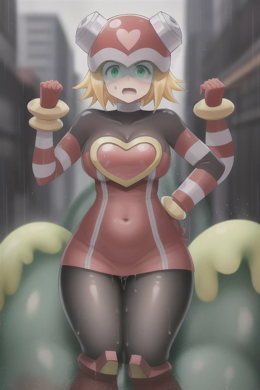 harpnote_megamansf, 1girl, blonde hair, short hair, bodysuit, heart, (helmet), green eyes, raise arms, looking at viewer, crying, high quality, sad, hands on hip, masterpiece, torn clothes, bodysuit, breasts, bound wrist, on back, large hips, concerned, tears, boobs out, tits, thicc, torn clothes, slime all over, ass, tentacles, open mouth, exposed breasts, tits, defeated, city, ally way exposed skin, perky breasts, cut clothes, ripped clothes, weak, belly button, tight clothes, torn bodysuit, transparent clothes, Thicc, raining, surrounded, surrounded by men, captured, 