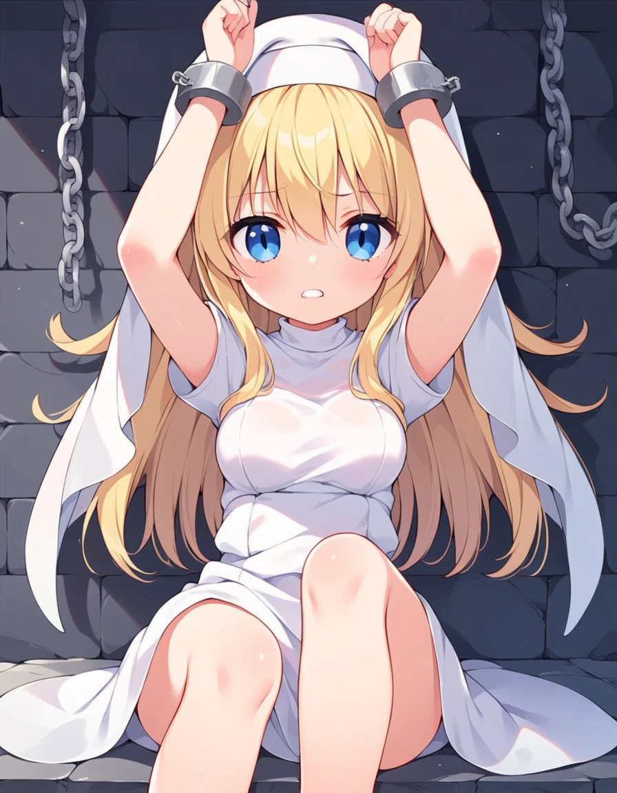 score_9, score_8_up, score_7_up, source_anime, nsfw, 
(solo, girl:1.2), 
sitting, arms up, hands out of frame, hand cuffs with chain, 
simple black background, stone wall, on stone floor,  
BREAK,
(toddler:1.2), 
medium breasts, 
yellow hair, long hair, 
blue eyes, 
white nun, 
vexation, clenched teeth, furrowed brow, pain, 
knee shot, looking at viewer, 