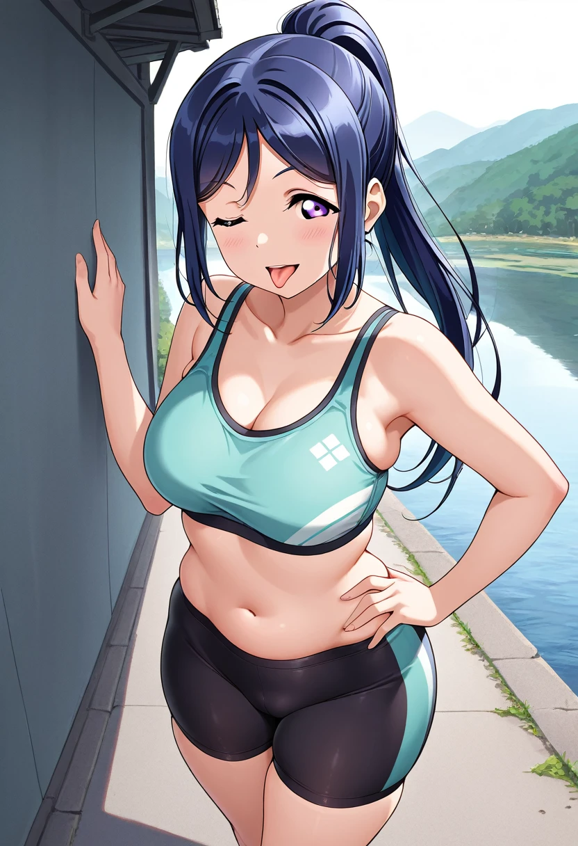 Matsuura kanan love live, long hair, blue hair, purple eyes, gym bra, bike shorts, standing, puffy crotch , skindentation , realistic art style , looking at his penis,in street, lake in background, 1boys,1girl,taking selfie with boy , penis bulge under clothes ,hug,hip grab and squeeze ,squeezy breasts 