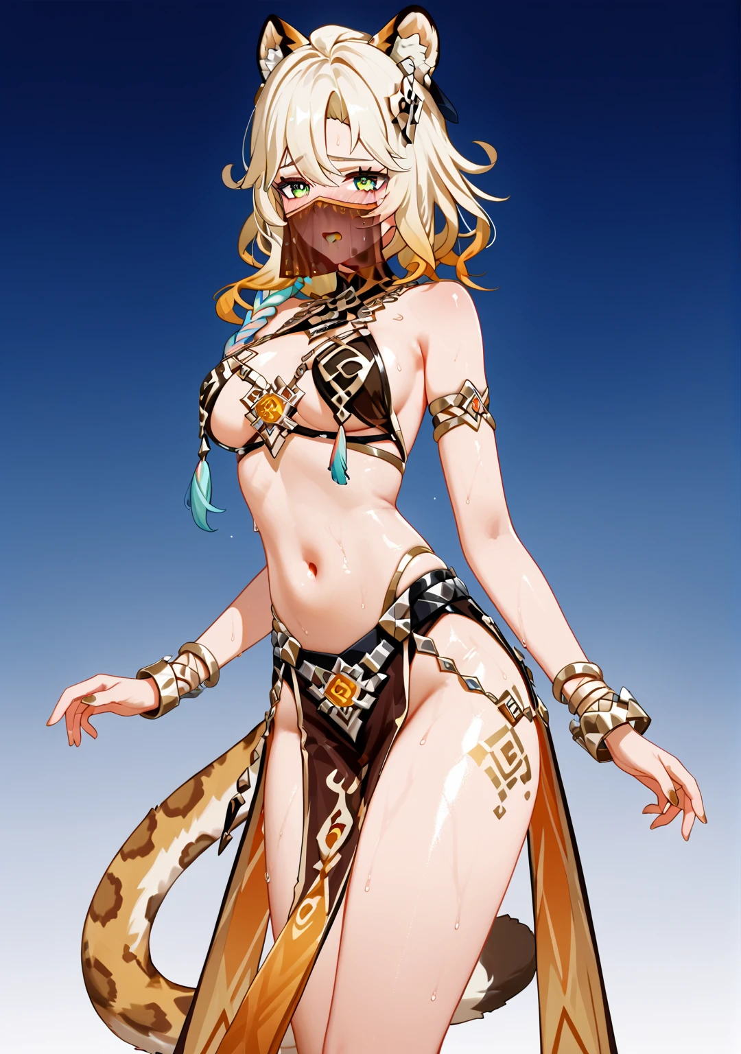 Highest quality, Highest quality, High quality illustrations, masterpiece, Ultra-high resolution, Detailed Background, Absurd, Perfect Anatomy, performance, Good lighting, Shadows in the movies, 1 girl, solo, Xilonen\(genshin_impact\), medium breasts, multicolored hair, blonde hair, green eyes, braid, animal ears, long tail, leopard tail, voloptuous, alternate costume, blushing, embarrassed, shy, open mouth, sweaty, harem dancer outfits, mouth veil, breasts curtains, navel, pelvic curtains, earrings, jewelry, bracelet, revealing clothes, bewitching thighs, gleaming, shiny, shiny skin, shiny outfit