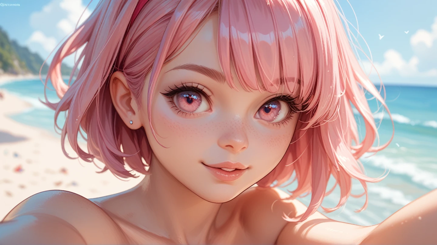 baby face, (pink short wavy hair:1.5,messy hair:1.5), (photorealistic:1.8), (masterpiece, sidelights, exquisite beautiful eyes: 1.5), masterpiece*portrait, realistic, 3D face,(cute face),front view: 1.6、 (glowing blue eyes:1.2),plump face:1.5,(tareme:1.5)、(seductive smile:1.2),Rosy Mouth,Slim Body,abs, shiny hair, shiny skin: 1.5、medium breasts,cleavage、solo,(stand)、(white micro bikini)、(charactor focus:1.5、portlate:1.5、upper body),beach,