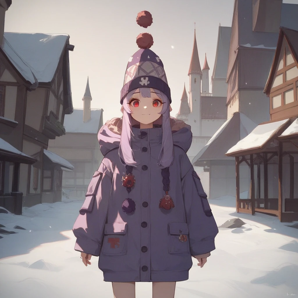  1 female middle school student with a German face 。 cutest in the world 。Background、 Snow Is Piling Up。 standing in front of an old European castle 。 wearing a purple square Cossack hat。 wearing a warm purple coat 。Silvery hair that reaches the waist 。 red eyes。 expression that is happy and her cheeks are slightly flushing 。