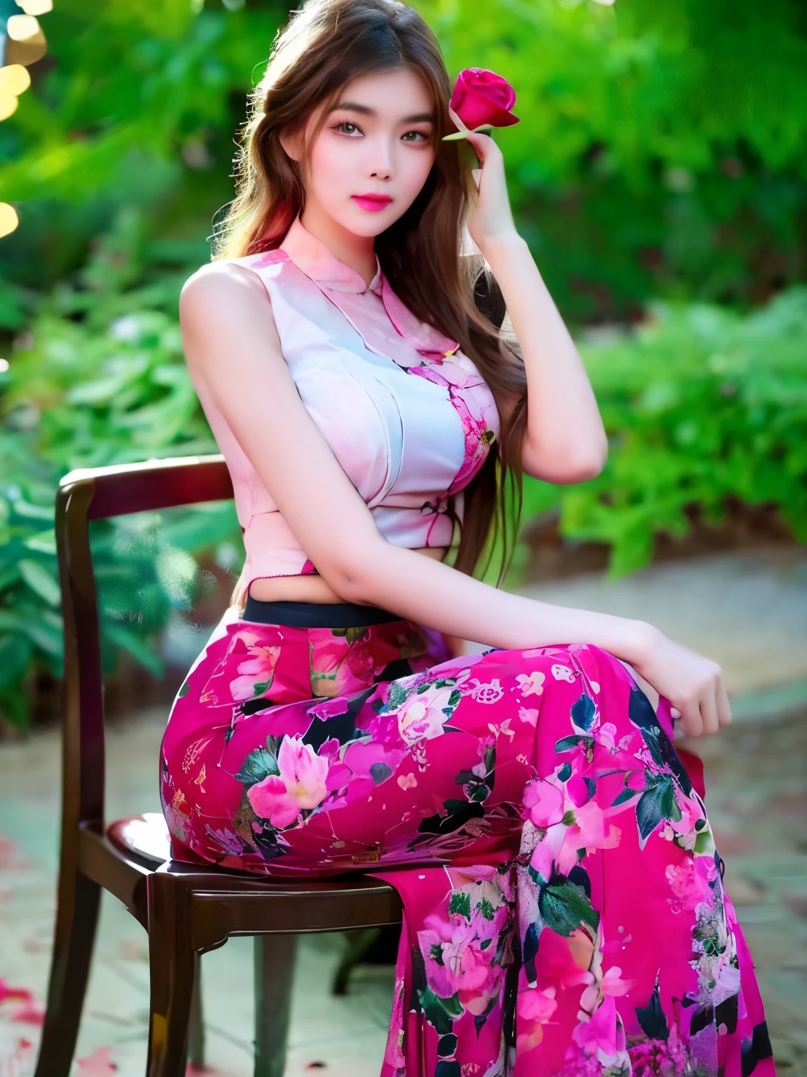 The allure and beauty of a woman , sitting on a coffee chair , Holding a red rose in one hand, Coffee garden, Wearing Myanmar sleeveless floral shirt and floral long skirt, model poses Chinese actress style, ((medium 
breasts)),full body ((dynamic sexy poses)),cherry blossoms
on the background wall painting ,bokeh