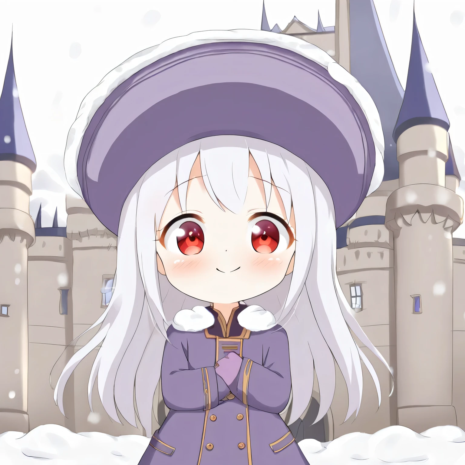  1 female  with a German face 。 cutest in the world 。Background、 Snow Is Piling Up。 standing in front of an old European castle 。 wearing a purple square Cossack hat。 wearing a warm purple coat 。Silvery hair that reaches the waist 。 red eyes。 expression that is happy and her cheeks are slightly flushing 。