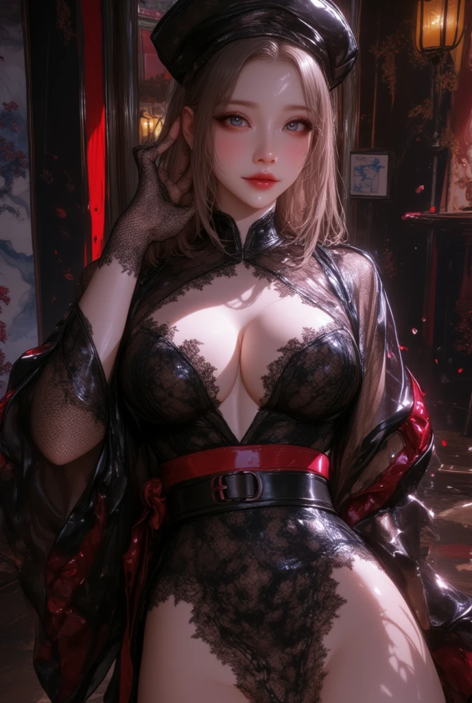 Realistic, 1girl, sexy body, sexy pose, sexy styling, sexy expression, delicate facial features, black glasses frames, beautiful eyes, light blonde hair, long hair, ultra-fine hair, floating hair, plump breasts, tight and upturned hips, black tight high-forked cheongsam, high-forked tight long skirt, embroidered gold lace, light-colored tight white stockings, black block heels, figure in the center of the frame, delicate five fingers, pale nails, open black fan in hand, fan with yellow tassels, Glowing eyes, cropped top, parted lips, blushing, Chinese dragon element in background, chest exposed breasts, open legs, red lips. --auto