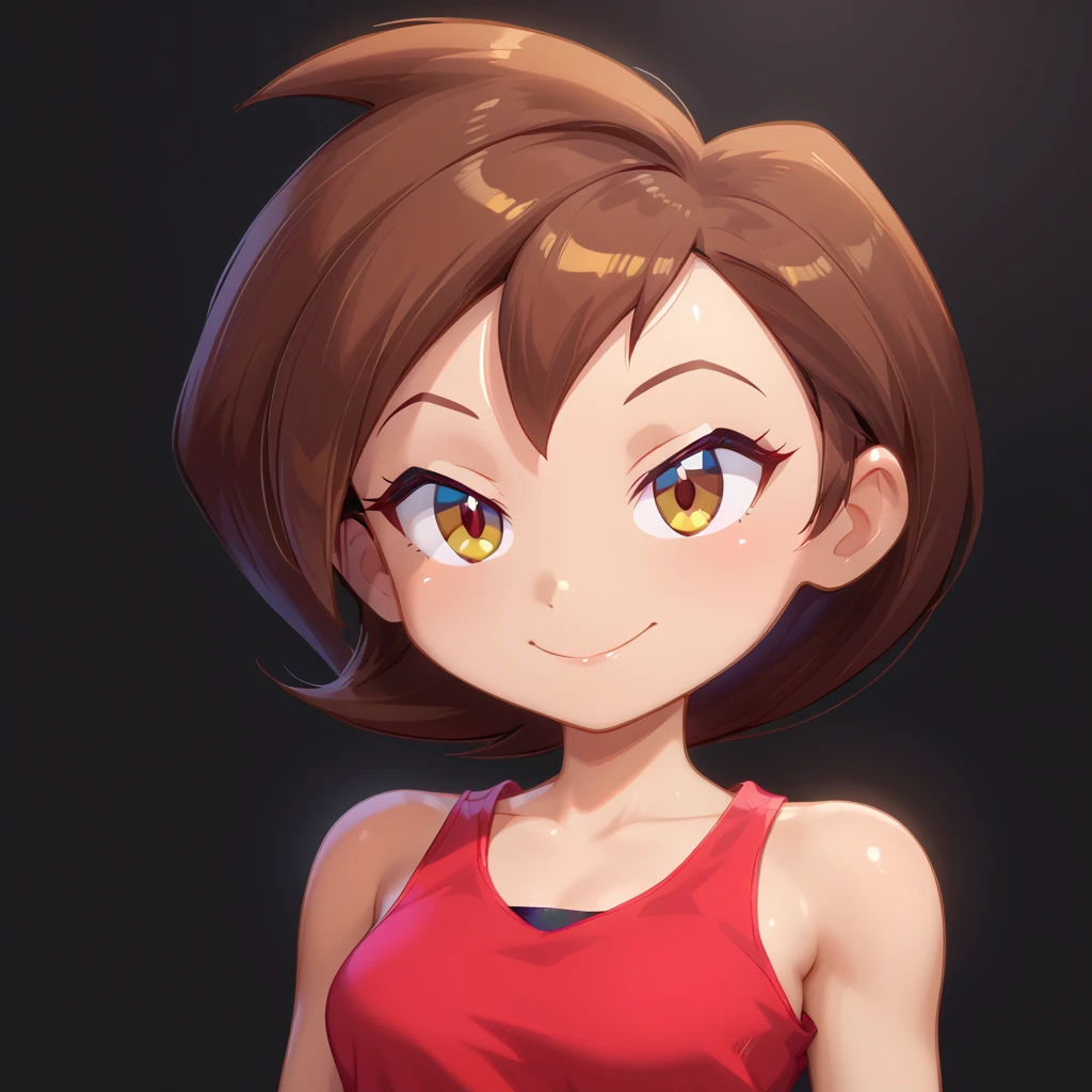 score_9, score_8_up, score_7_up, ((Masterpiece)), ((highres)), 1girl, solo,, superhero poses, Helen Parr in the art style of Shantae: 1/2 genie hero, tank top, blue jeans, defined ears, defined eyes, brown iris, long eye lashes, defined nose, bob cut brown hair, (((smile expression))), ((soft aura surrounding character)), (black background), bust shot