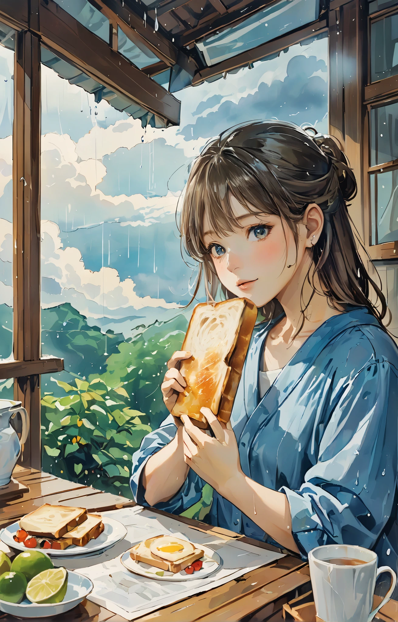 rain, rain, Picturesque, Wide visual acuity ,  beautiful face,  Portrait,  pants style,  drawn on Japanese paper , Afternoon time, Talk,  plastic,late summer, High in the heavens,  toast to those eyes ,  scent of lime , touch,  stand up ,  Kannazuki, woman, Portraiture,  vibes