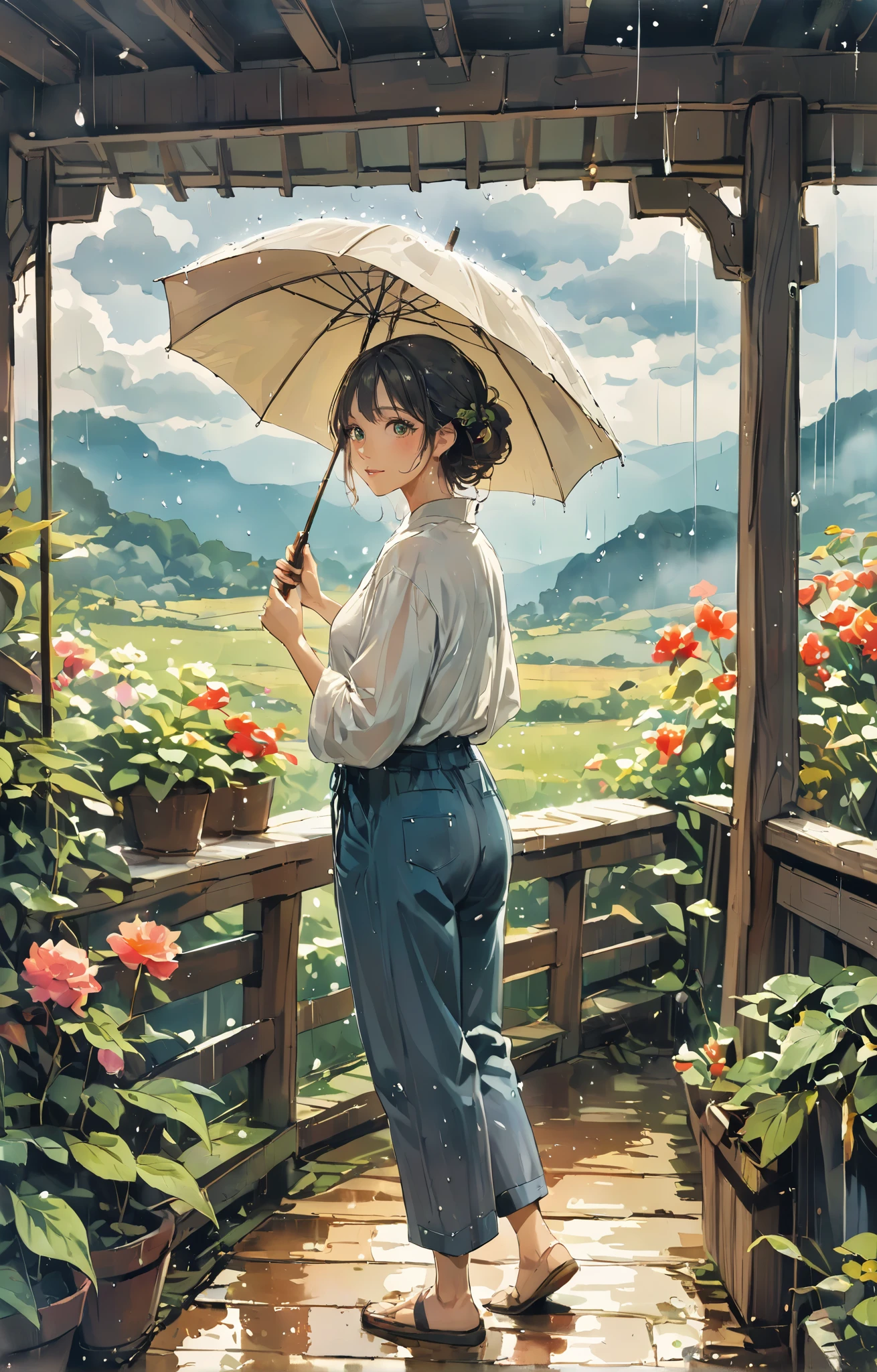 rain, rain, Picturesque, Wide visual acuity ,  beautiful face,  Portrait,  pants style,  drawn on Japanese paper , Afternoon time, Talk,  plastic,late summer, High in the heavens,  toast to those eyes ,  scent of lime , touch,  stand up ,  Kannazuki, woman, Portraiture,  vibes